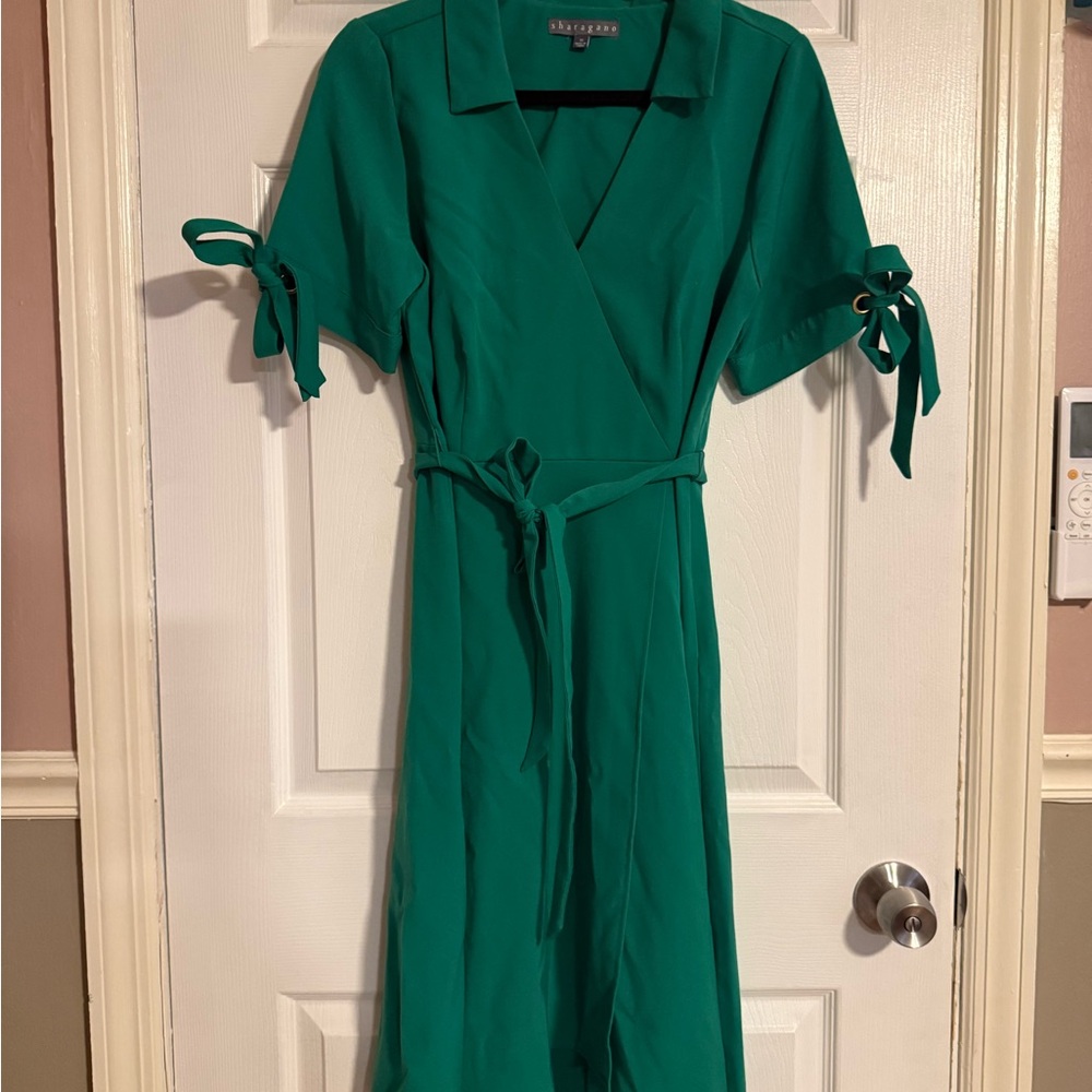 Sharagano Emerald Green Wrap Midi Dress with Tie Sleeves